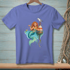 Mermaid drinks a cocktail, with a fish, seagull, and buoy.