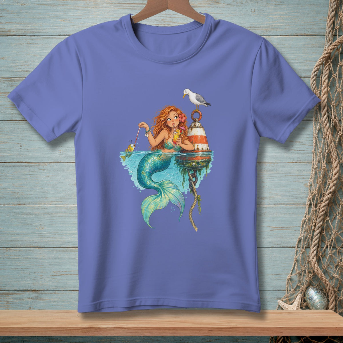 Mermaid drinks a cocktail, with a fish, seagull, and buoy.