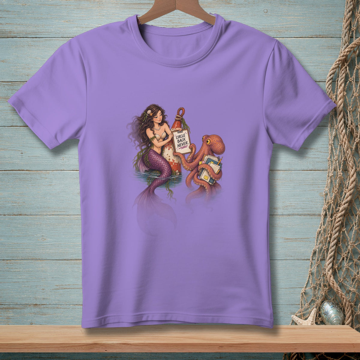 Mermaid and octopus hold sign reading "circle back never" on lavender t-shirt.