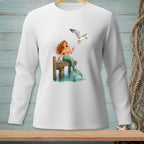 Mermaid with cocktail on dock, seagull flying overhead with food.