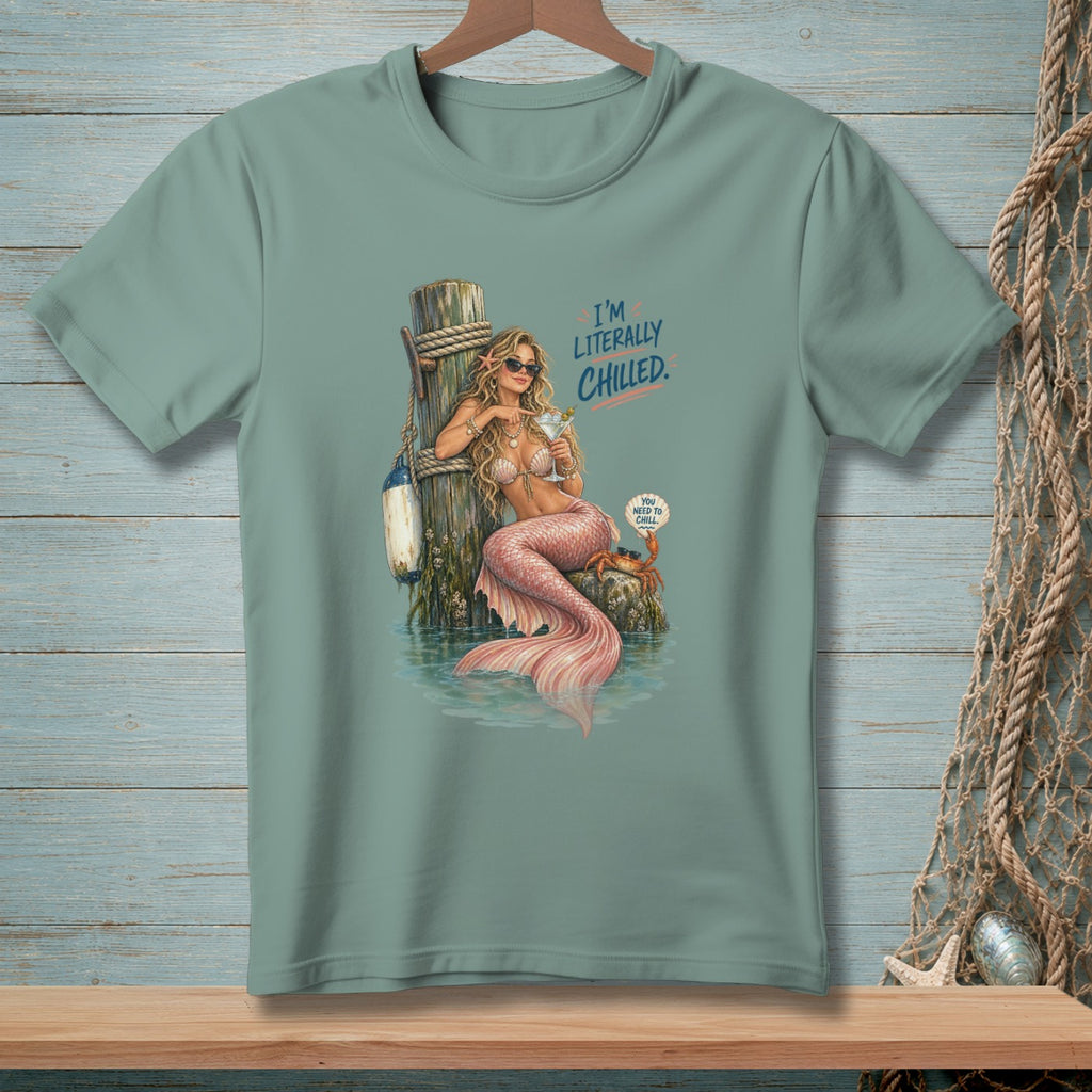 Mermaid holding a drink, text says "I'm literally chilled."
