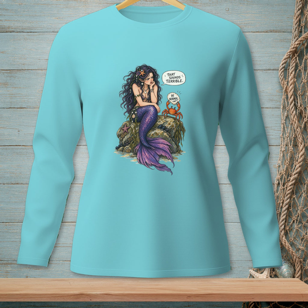 Teal long-sleeve shirt with a mermaid and crab graphic and dialogue bubbles.