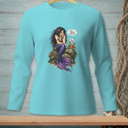 Teal long-sleeve shirt with a mermaid and crab graphic and dialogue bubbles.
