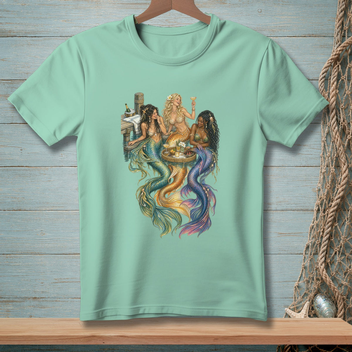 Three mermaids with colorful tails sit on a dock, enjoying drinks and snacks.