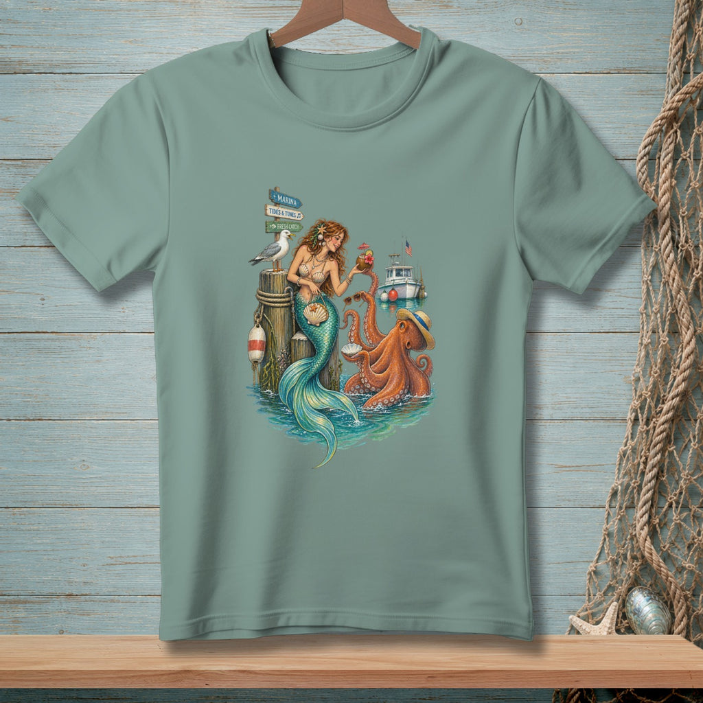 Mermaid and octopus enjoy drinks by pier with boat, seagull, and signs: Marina, Tides & Tunes.