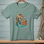 Mermaid and octopus enjoy drinks by pier with boat, seagull, and signs: Marina, Tides & Tunes.