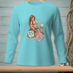 Turquoise long-sleeve shirt with mermaid graphic that reads "Blame the Tail."