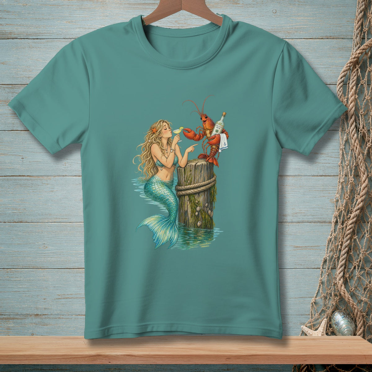 Mermaid with blonde hair drinks cocktail while lobster holds rum bottle on a wooden post.