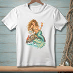 White t-shirt with a mermaid holding a drink and a sign that says "Attitude".