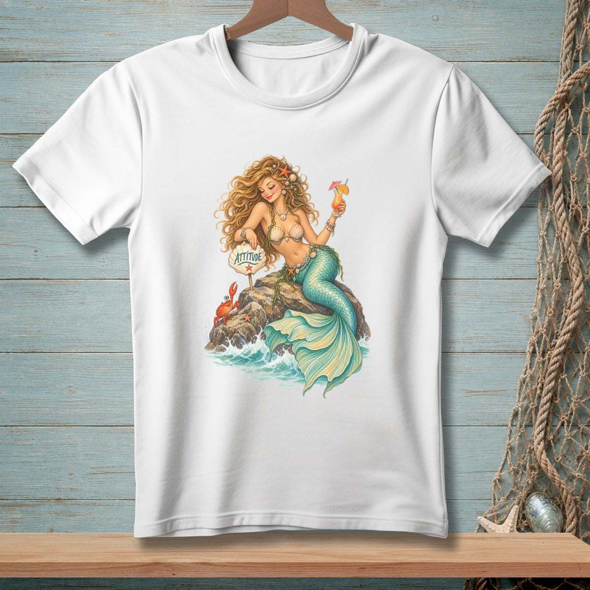 White t-shirt with a mermaid holding a drink and a sign that says "Attitude".