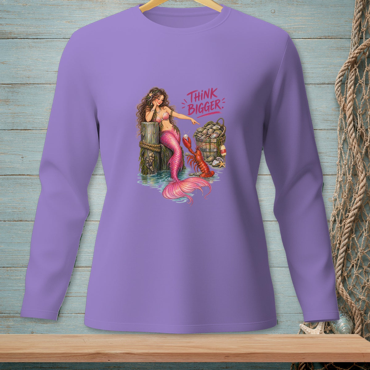 Mermaid with lobster and oysters points to text that says "THINK BIGGER".