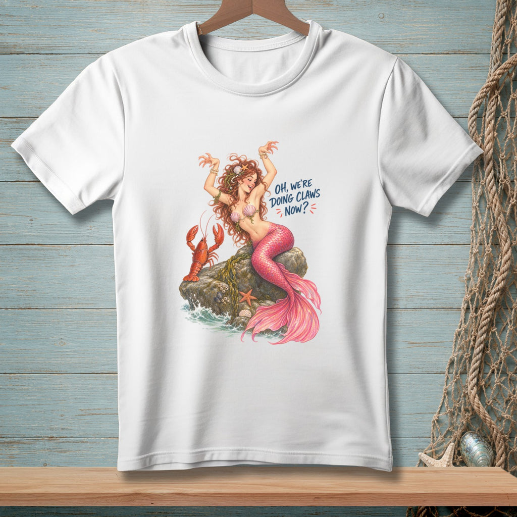 Mermaid and lobster graphic with text "Oh, we're doing claws now?"