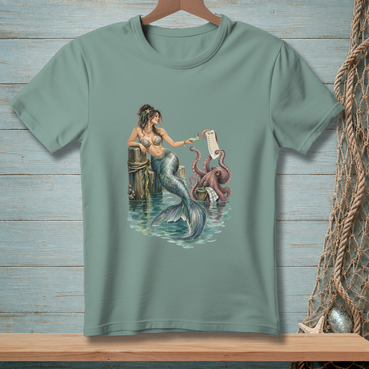 Mermaid holding a drink with octopus checking a to-do list by a dock.