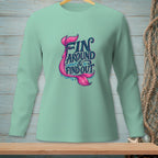 Light green long sleeve shirt with mermaid tail graphic and text "Fin Around & Find Out".