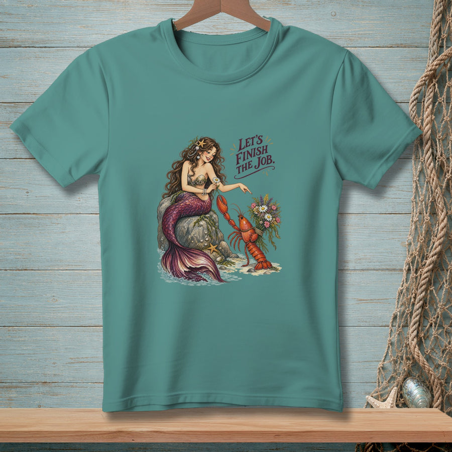 Mermaid with lobster and flowers on a rock, text "LET'S FINISH THE JOB."