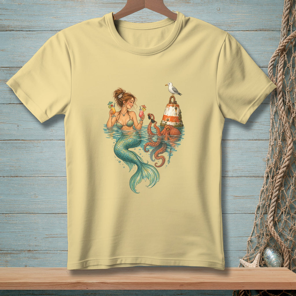 Mermaid and octopus with cocktails beside a lighthouse and seagull.