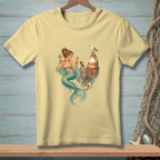 Mermaid and octopus with cocktails beside a lighthouse and seagull.