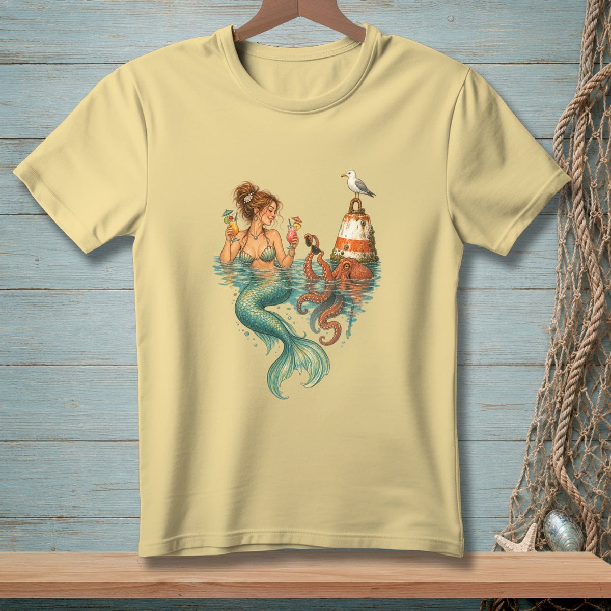 Mermaid and octopus with cocktails beside a lighthouse and seagull.