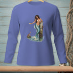 Mermaid holding a drink, leaning on a dock post with a crab nearby.