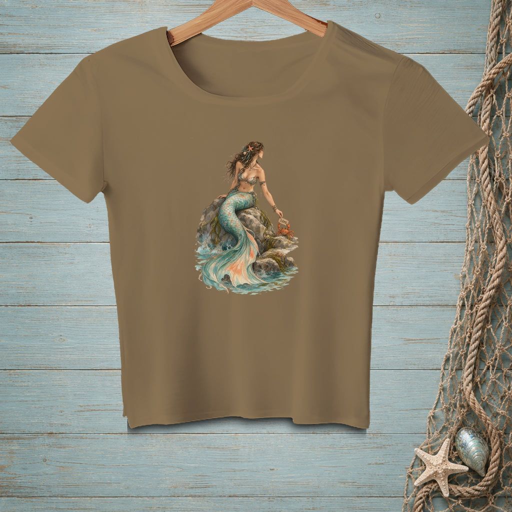 T-shirt with watercolor mermaid sitting on rocks with a crab.
