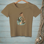 T-shirt with watercolor mermaid sitting on rocks with a crab.