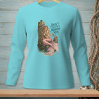 Turquoise long-sleeve shirt with a mermaid graphic that reads "Don't Touch The Mermaid Hair."
