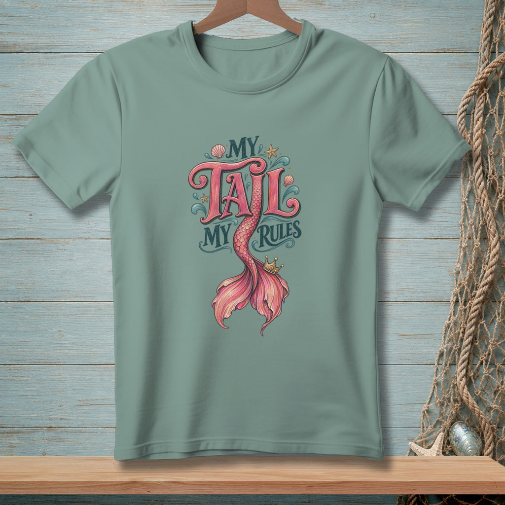 T-shirt with "MY TAIL MY RULES" text and a pink mermaid tail graphic.