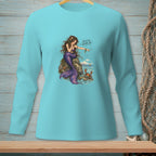Aquatic themed graphic on a light blue long sleeve shirt with a mermaid and crab.