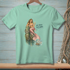 Mint t-shirt with mermaid on post and crab holding sign saying "Lower Your Standards."