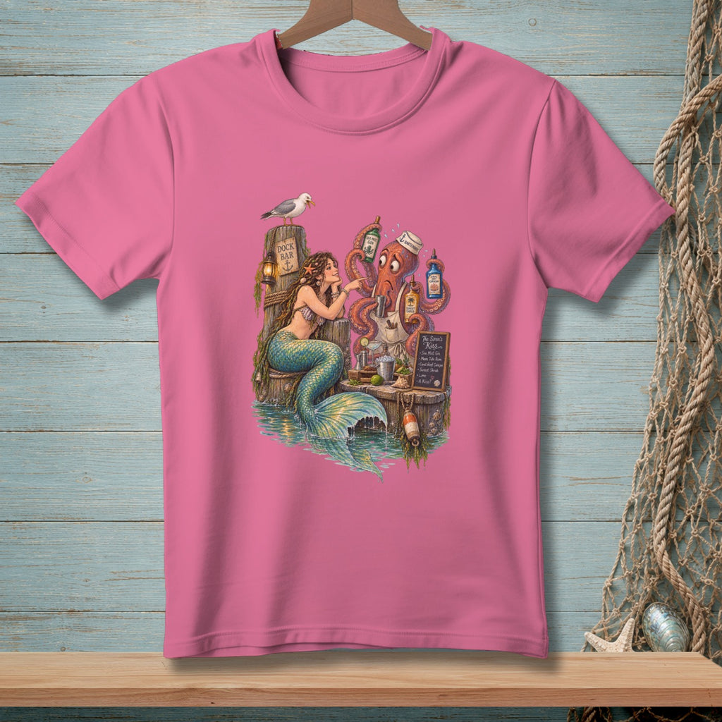 Mermaid and octopus at a dock bar, with text "The Siren's Kiss".