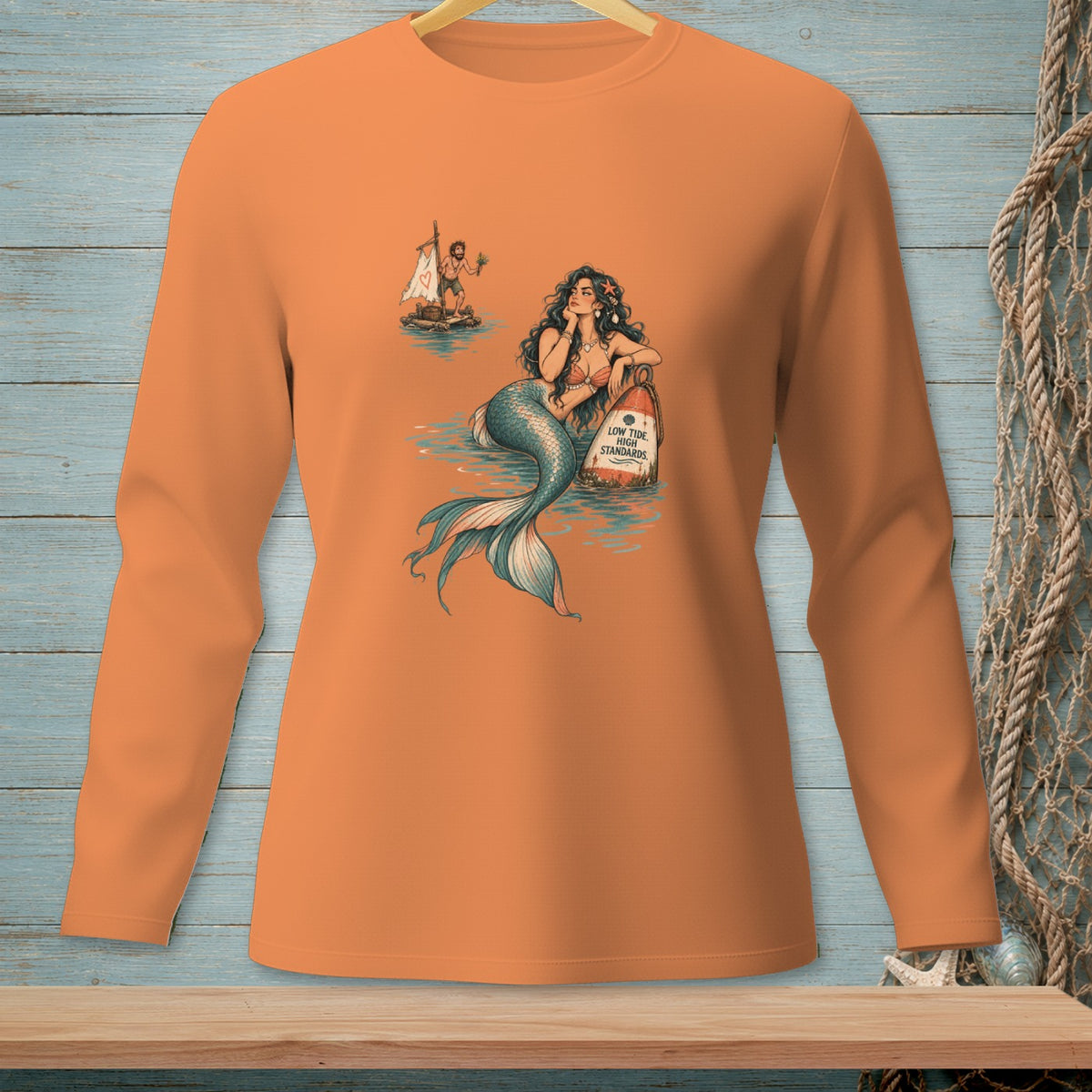 Mermaid and man on raft with text "Low Tide, High Standards".