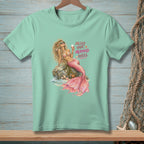 Mermaid sitting on a rock with wine, "Messy Hair Mermaid Rules" text.