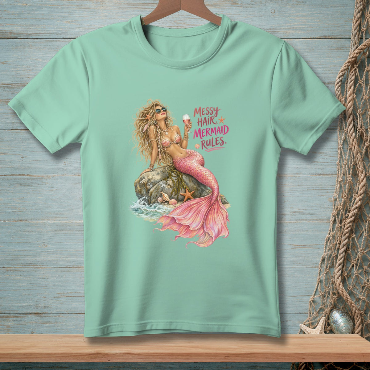 Mermaid sitting on a rock with wine, "Messy Hair Mermaid Rules" text.