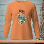 Long sleeve orange shirt with mermaid graphic holding a drink by a buoy.