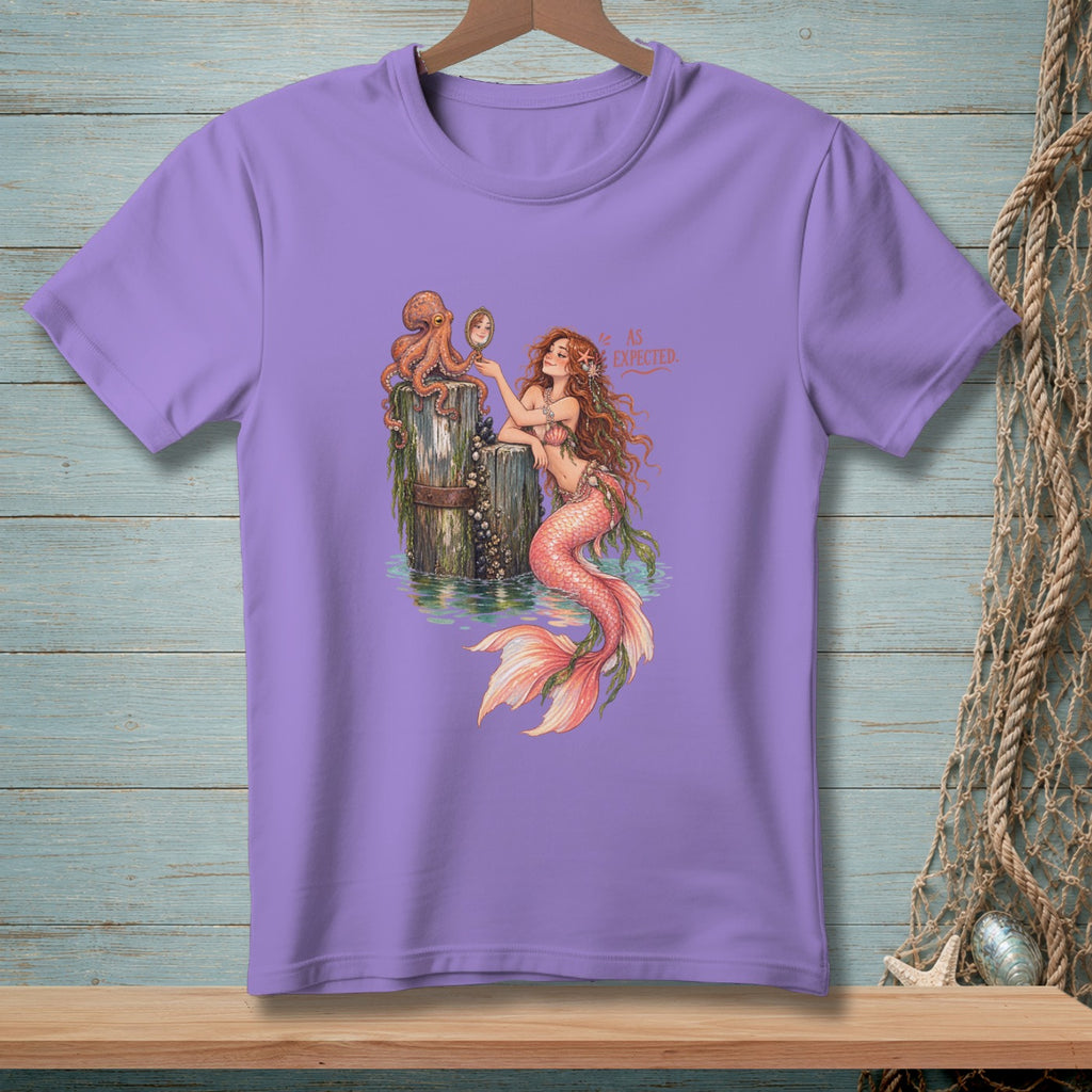 Mermaid with octopus and mirror, text "IT IS AS EXPECTED".