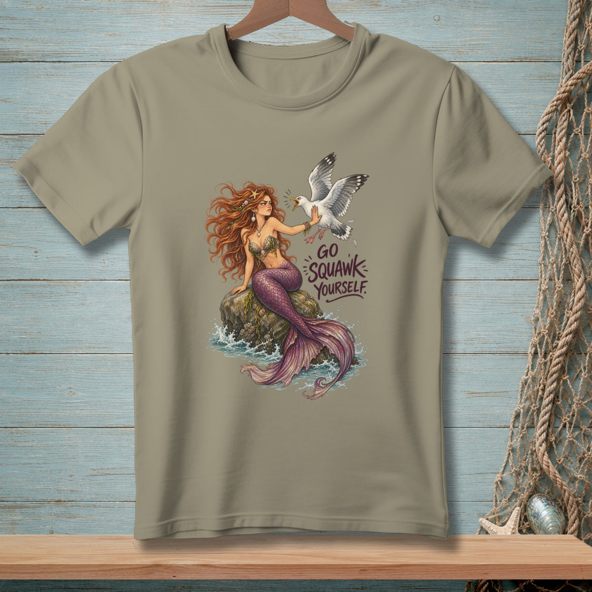 T-shirt with mermaid and seagull graphic reading "Go Squawk Yourself."
