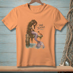 Orange t-shirt with mermaid brushing a crab, "SAVE YOURSELF." text.