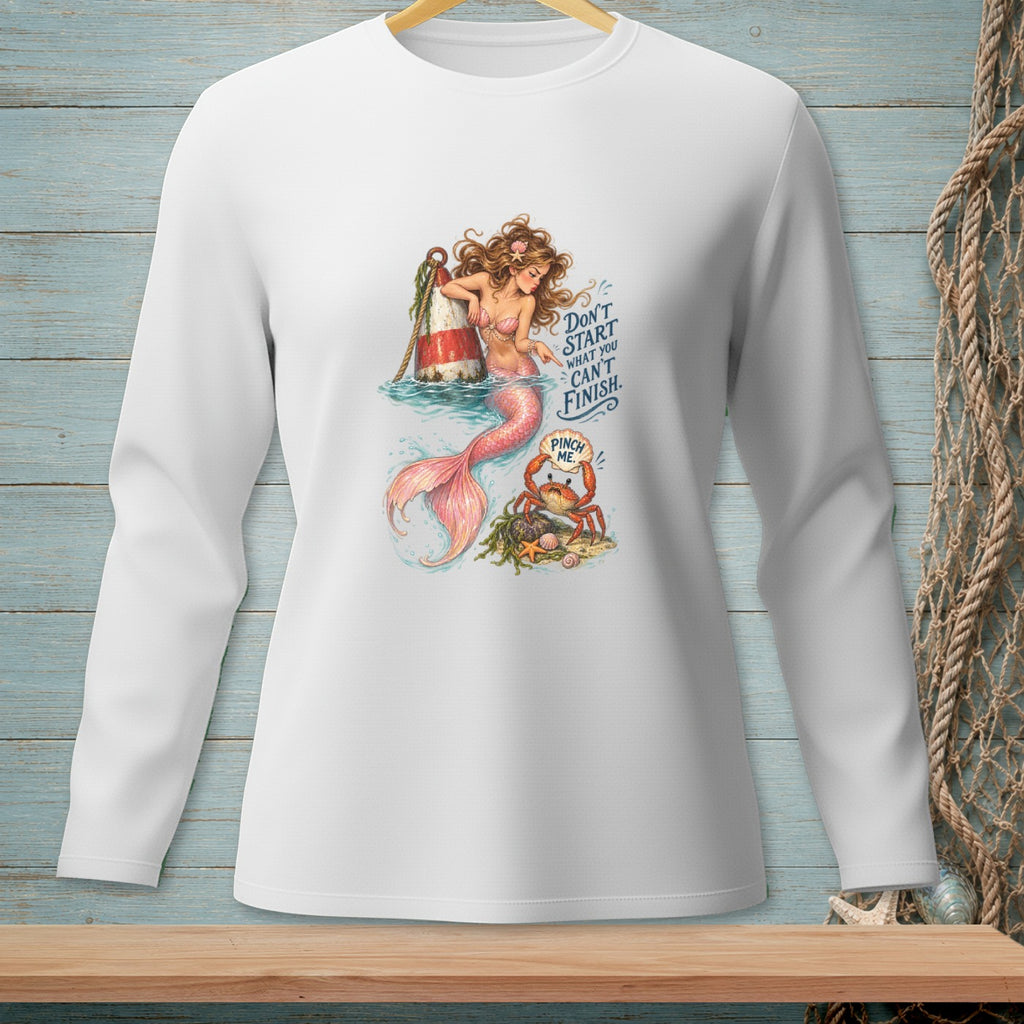 Illustration of a mermaid pointing at a crab holding a "Pinch Me" sign, with text "Don't Start What You Can't Finish."