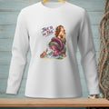 White long-sleeve shirt with a mermaid, crab, and text "Talk to the Tail."