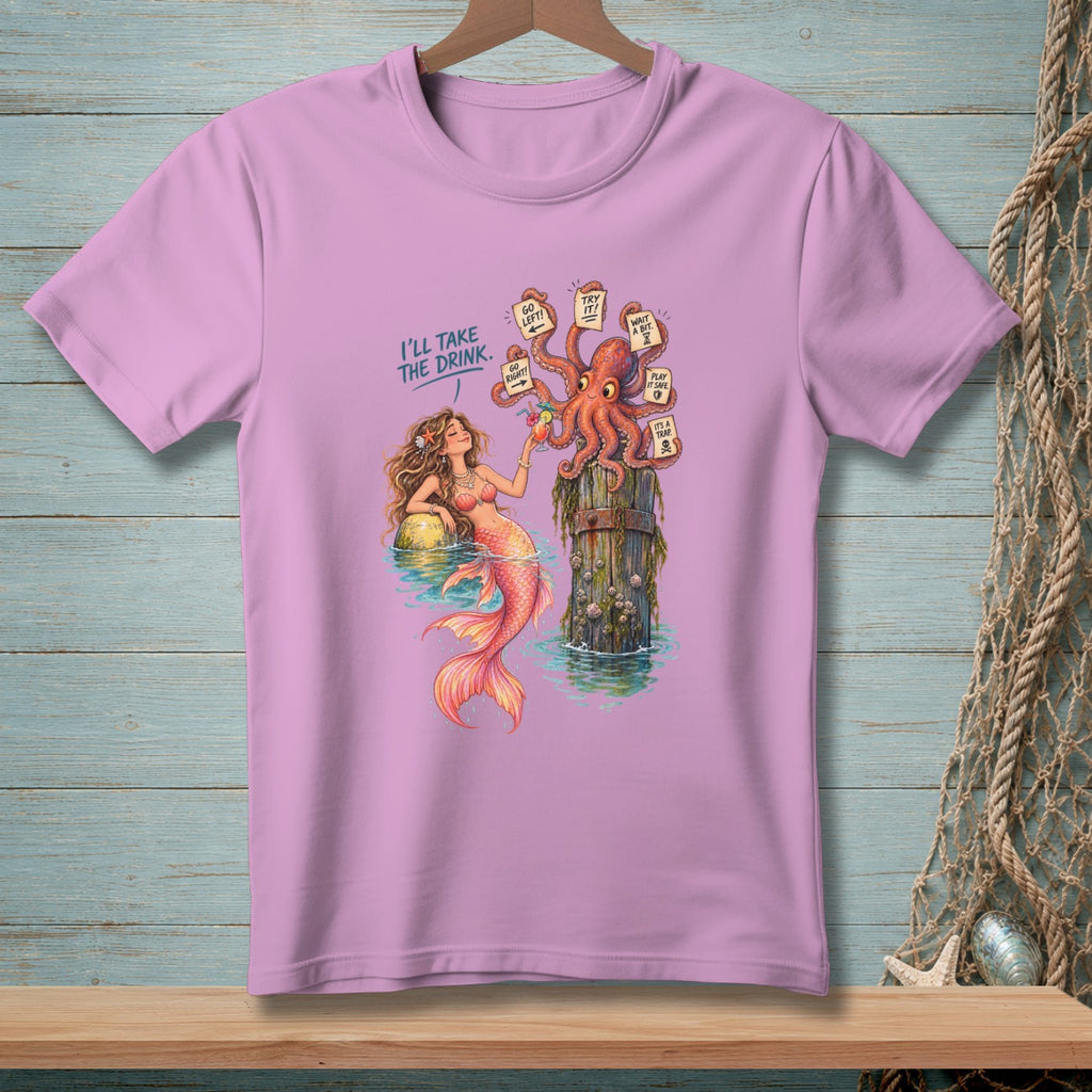 Illustration of a mermaid and octopus with drink options on a pink t-shirt.