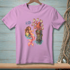 Illustration of a mermaid and octopus with drink options on a pink t-shirt.