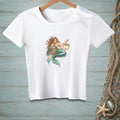 White t-shirt featuring a mermaid with a pufferfish and a cocktail.