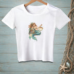 White t-shirt featuring a mermaid with a pufferfish and a cocktail.