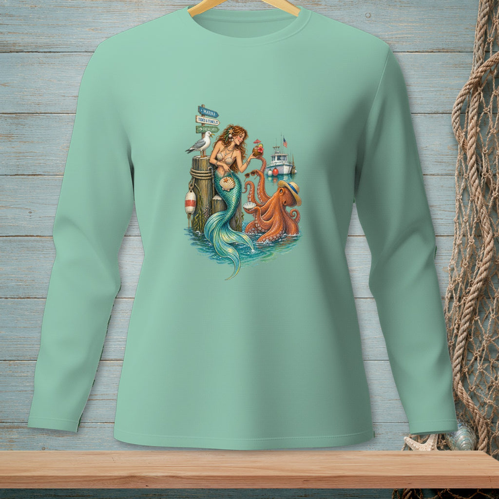 Mermaid with octopus and seagull on pier with nautical signs and a boat.