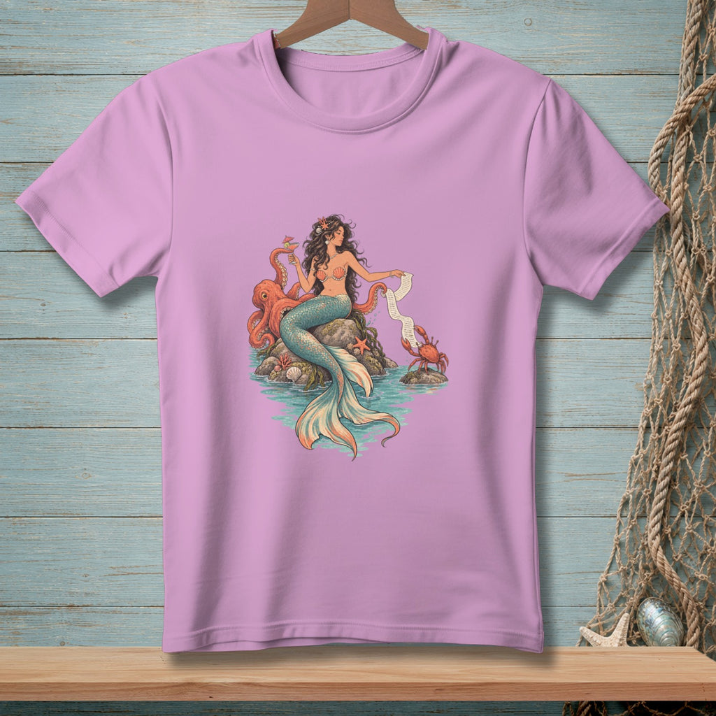 Mermaid with octopus, crab, and drink sitting on rocks in the water.