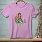 Mermaid with octopus, crab, and drink sitting on rocks in the water.