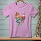 Illustration of a mermaid holding cocktails with an octopus and seagull by a buoy.