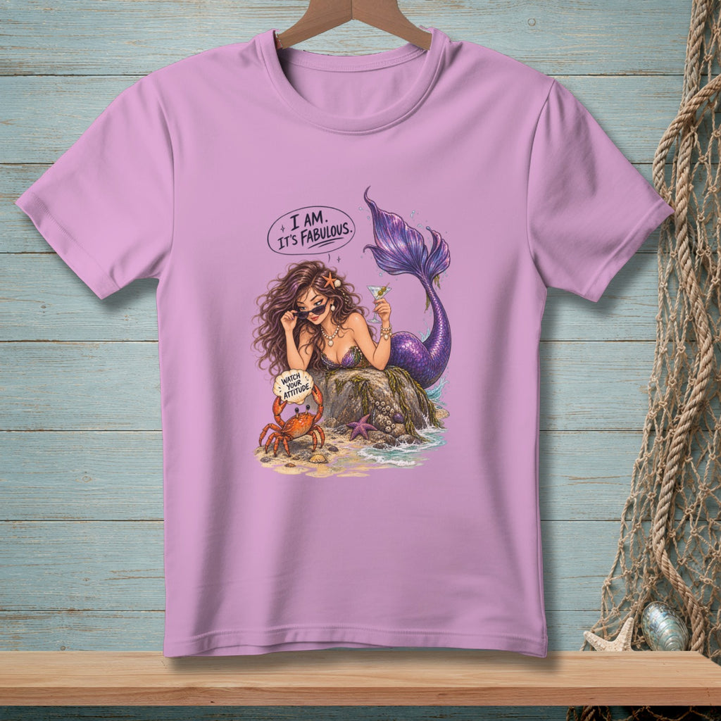 Mermaid with cocktail and crab saying "Watch Your Attitude" on a pink shirt.