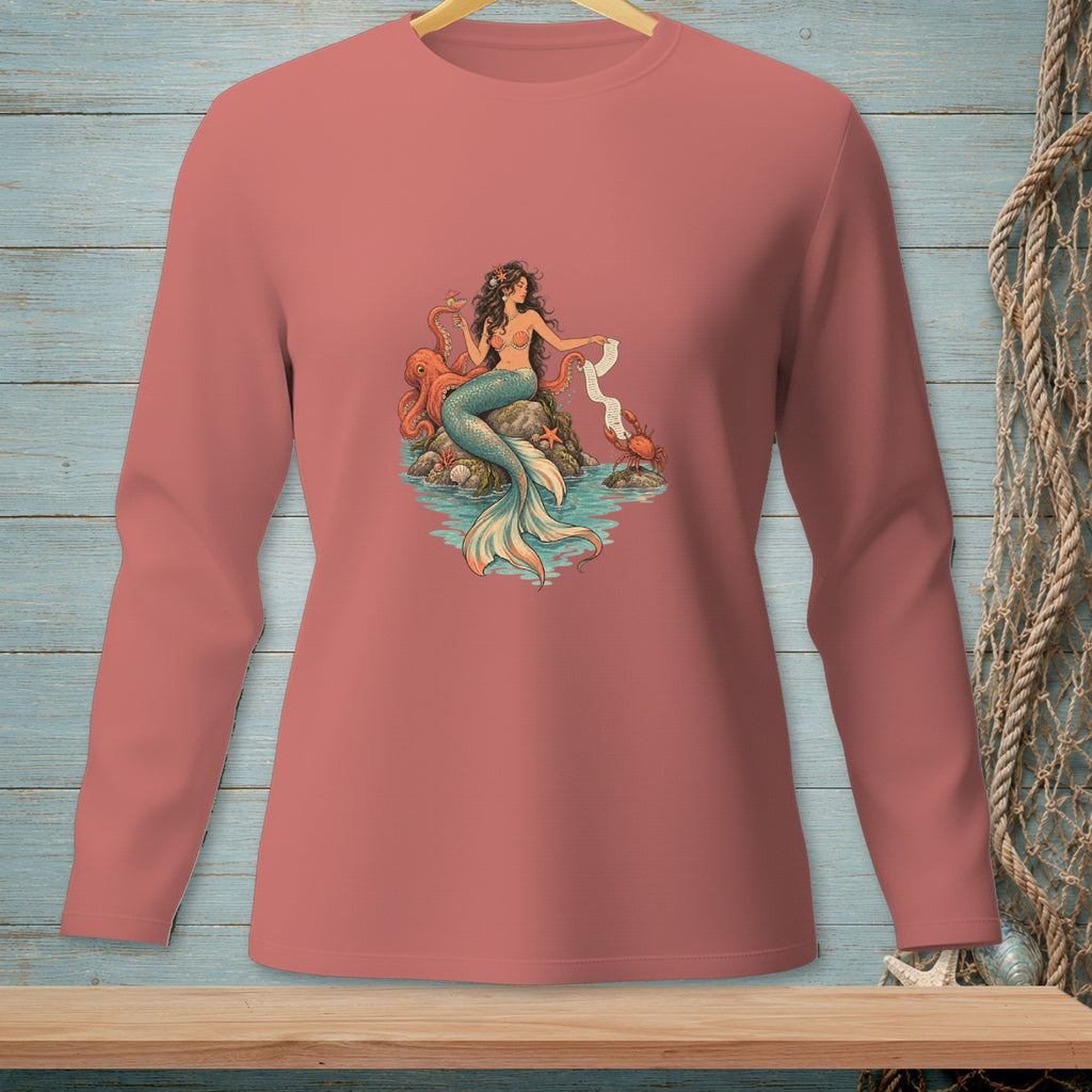 Mermaid with octopus and crab on rocks in blue water, printed on a salmon long-sleeve shirt.