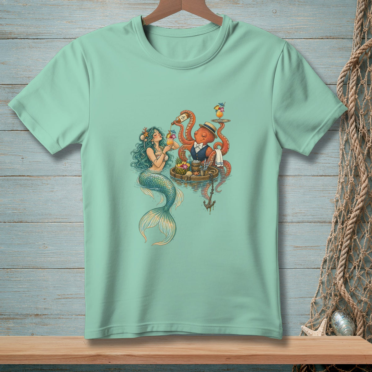 Mermaid and octopus bartender serving drinks on a tray floating on water.